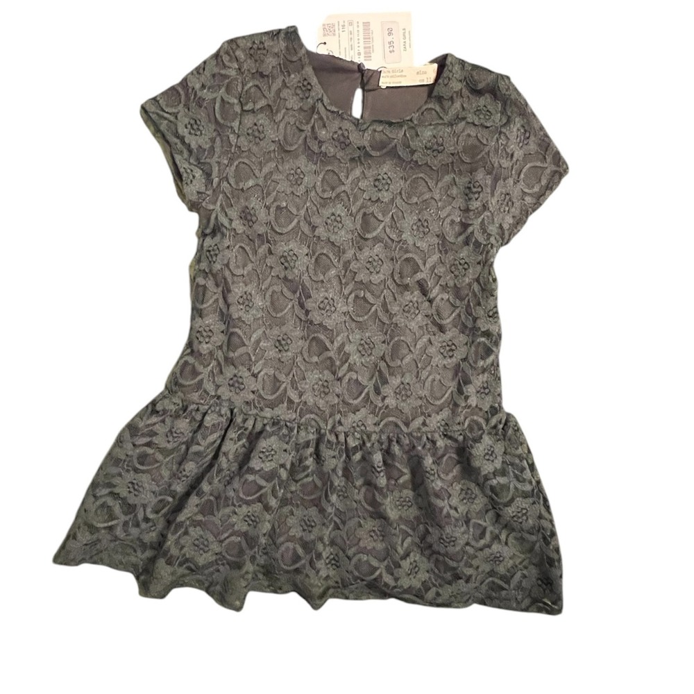 Zara Girls Lace Dress Grey Floral Short Sleeve Drop Waist - Size 6